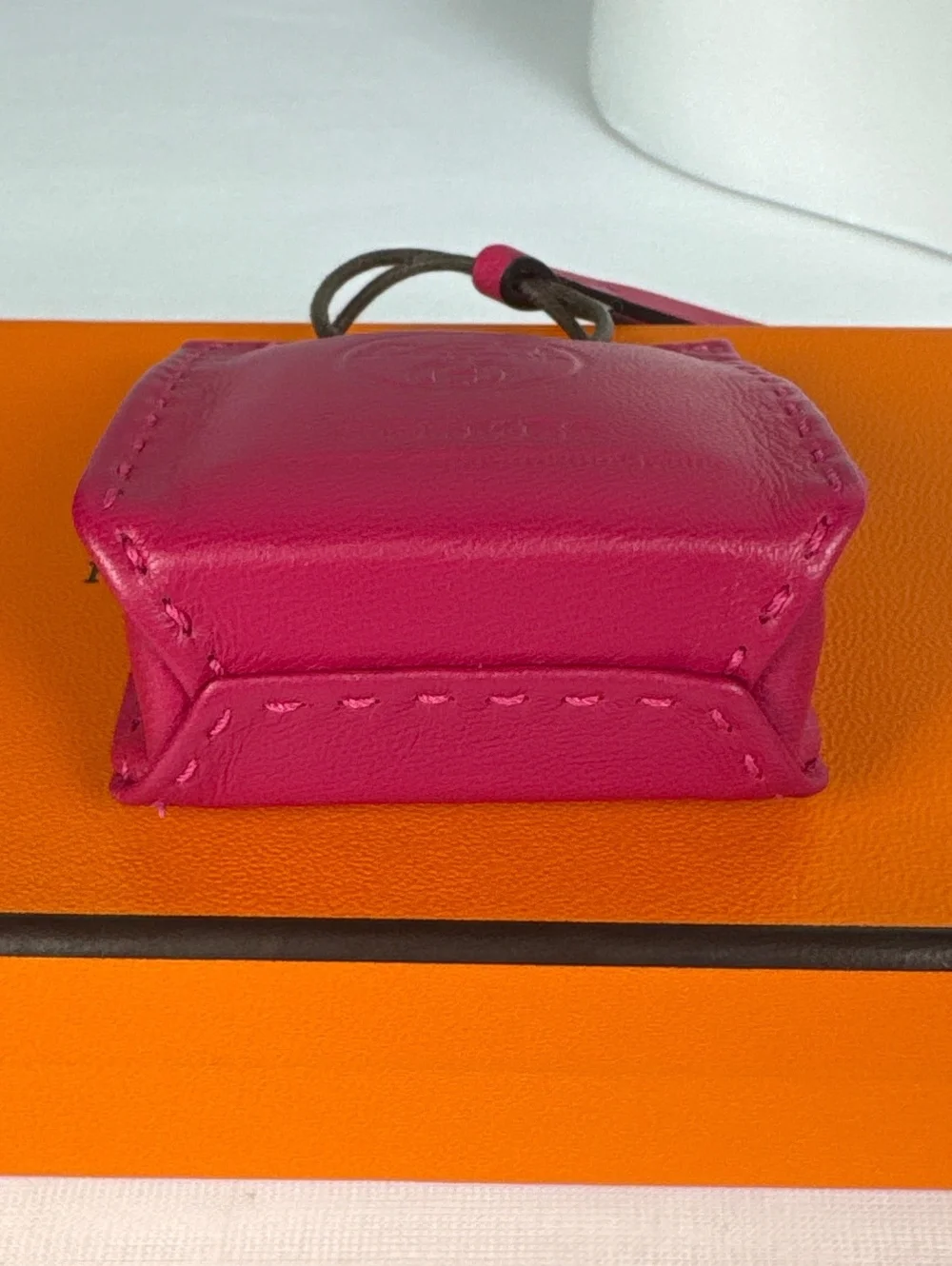 HERMES Milo Lambskin Swift Shopping Bag Charm in Rose Mexico with Original Box